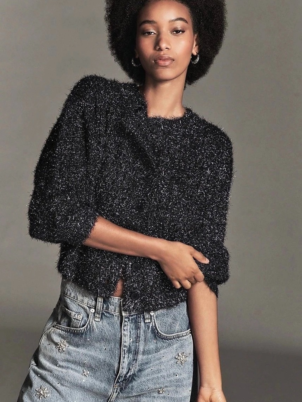 By Anthropologie Boat-Neck Tinsel Cardigan Sweater in Black